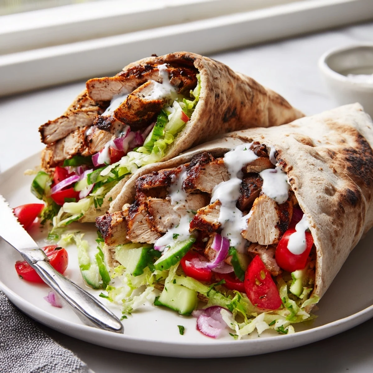 Golden seared chicken and colorful vegetables fill these Flavor Packed Chicken Pitas