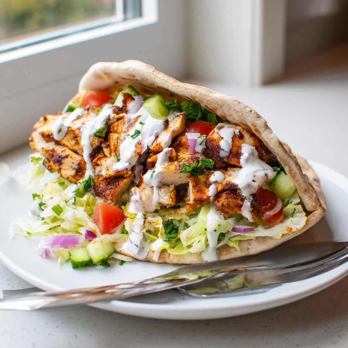 Warm Flavor Packed Chicken Pitas stuffed with spiced grilled chicken and fresh Mediterranean toppings