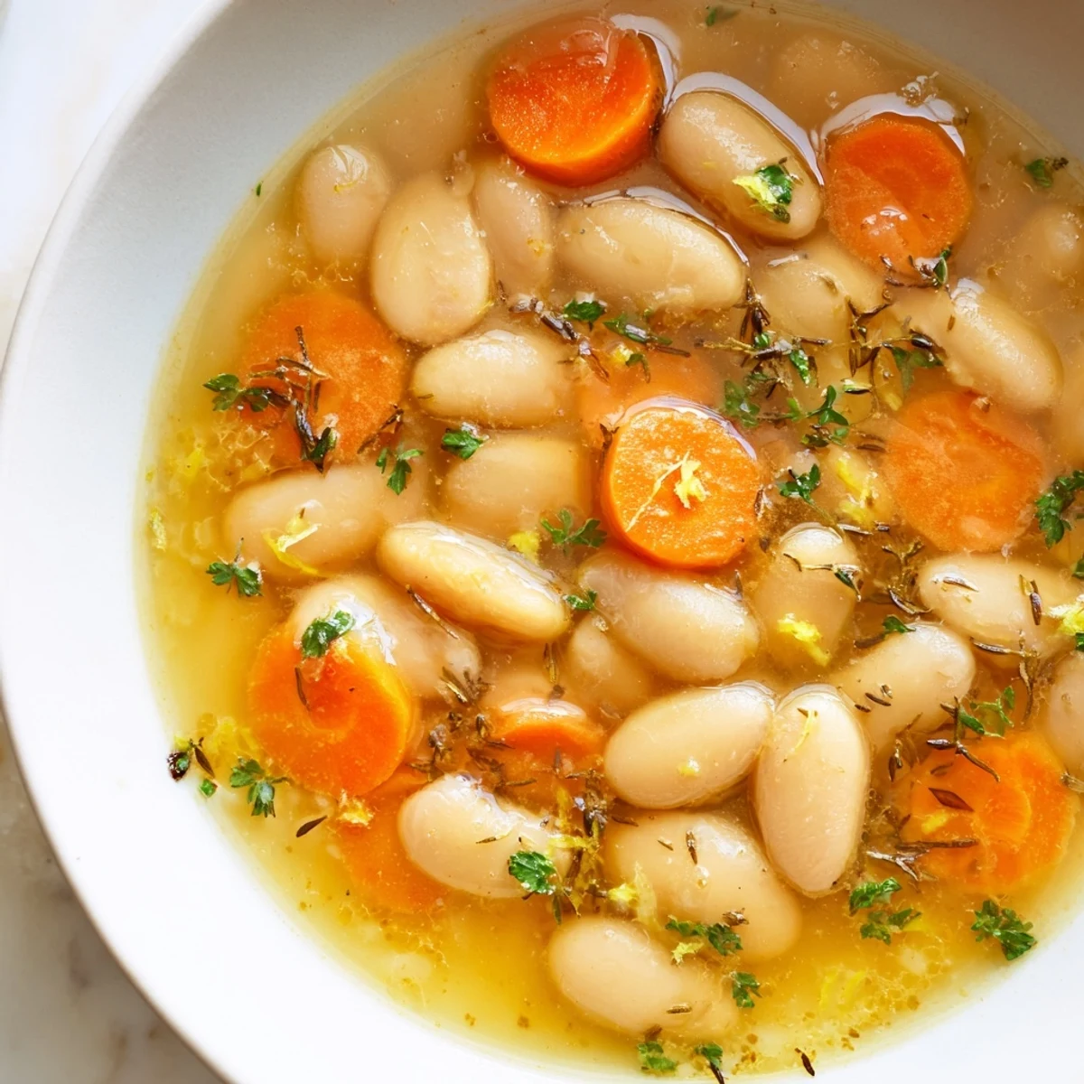 Brothy Carrot Butter Bean Soup steaming in a bowl with fresh parsley garnish