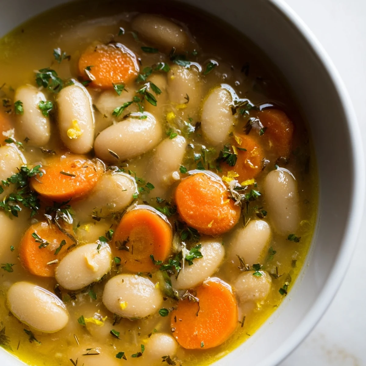 Creamy butter beans and tender carrot slices floating in a golden herb broth