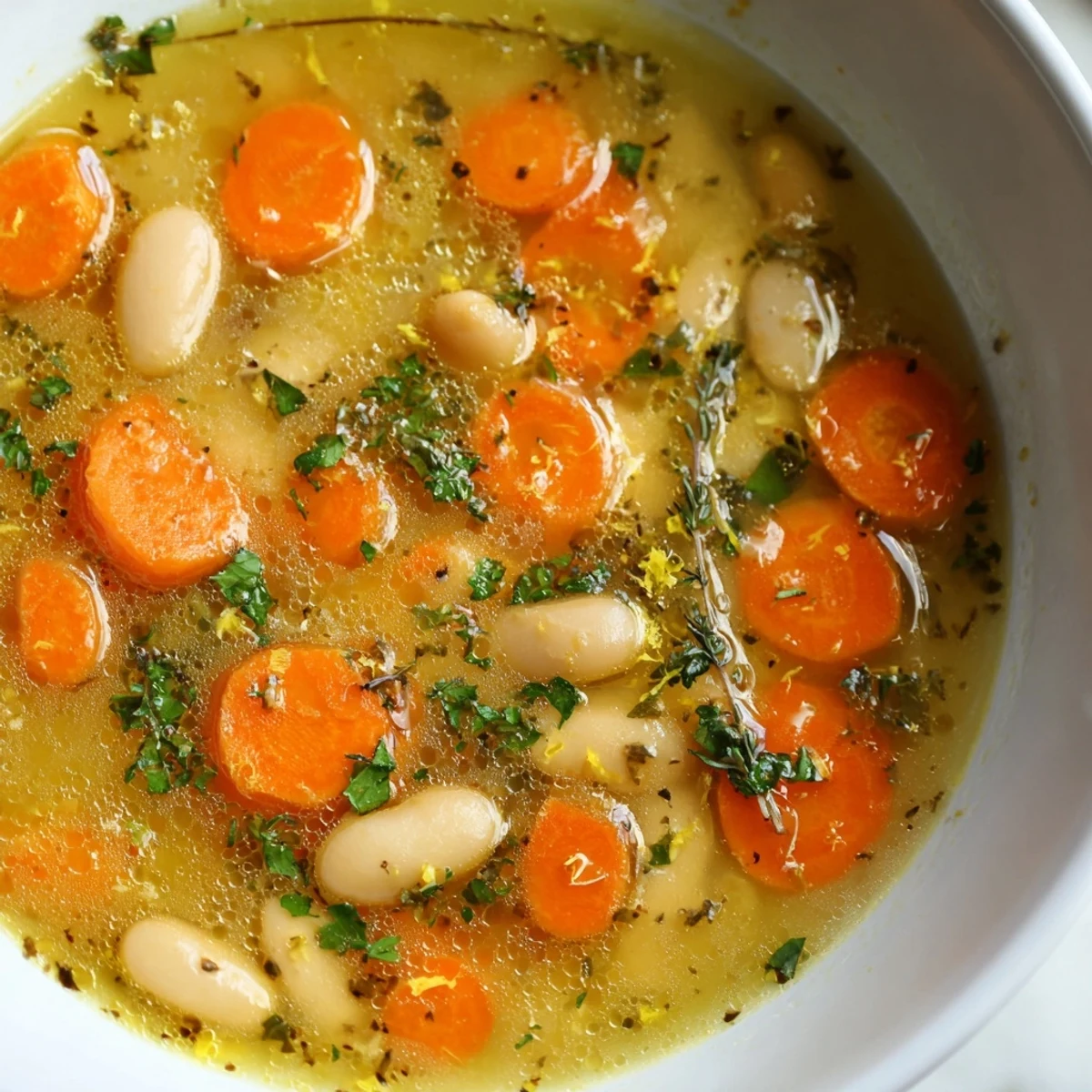 Brothy Carrot Butter Bean Soup ladled into a rustic bowl beside crusty bread