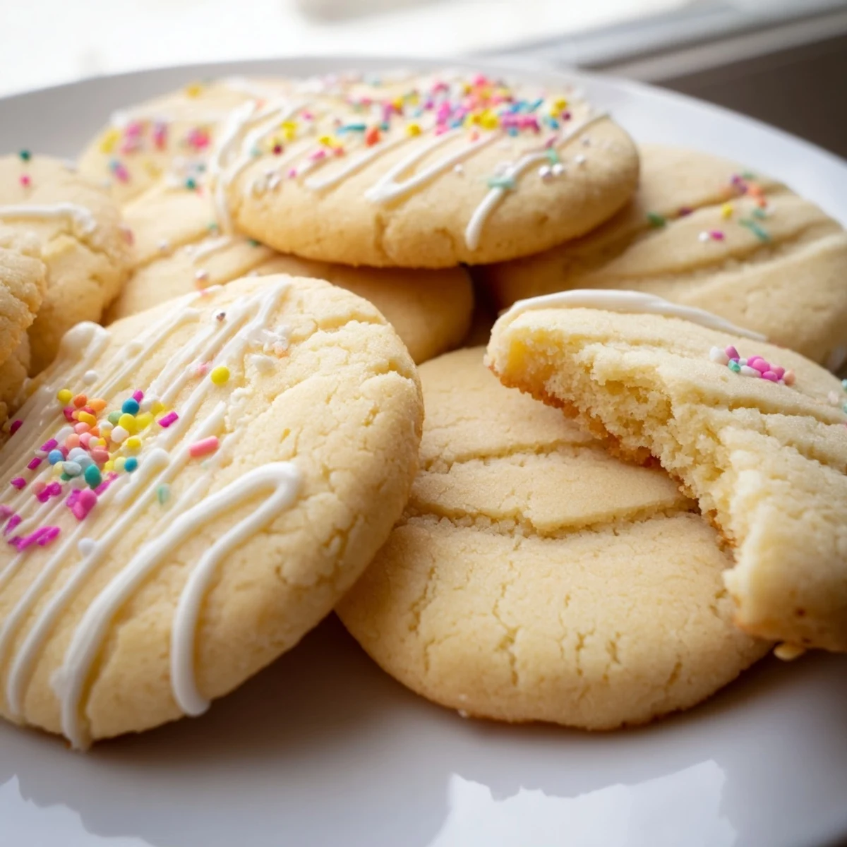 Decorated sugar cookies topped with colorful icing and rainbow sprinkles on a white platter