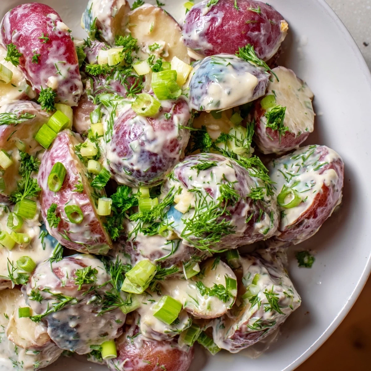 Creamy red white blue potato salad served in a rustic bowl with fresh herbs