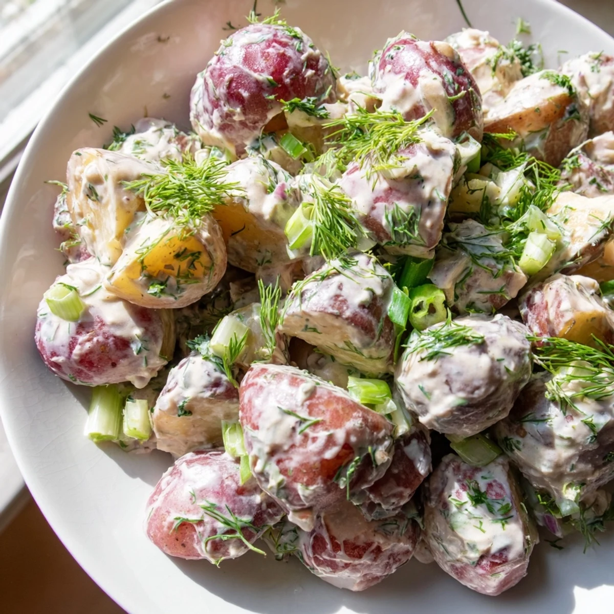 Festive red white blue potato salad garnished with dill on a picnic table