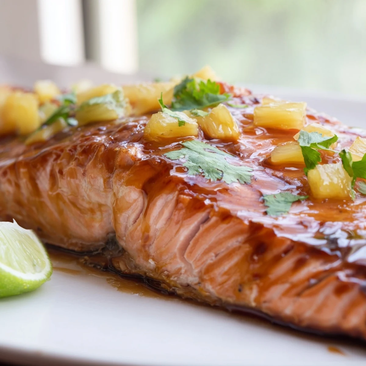 Honey pineapple glazed salmon with golden caramelized crust on a white plate