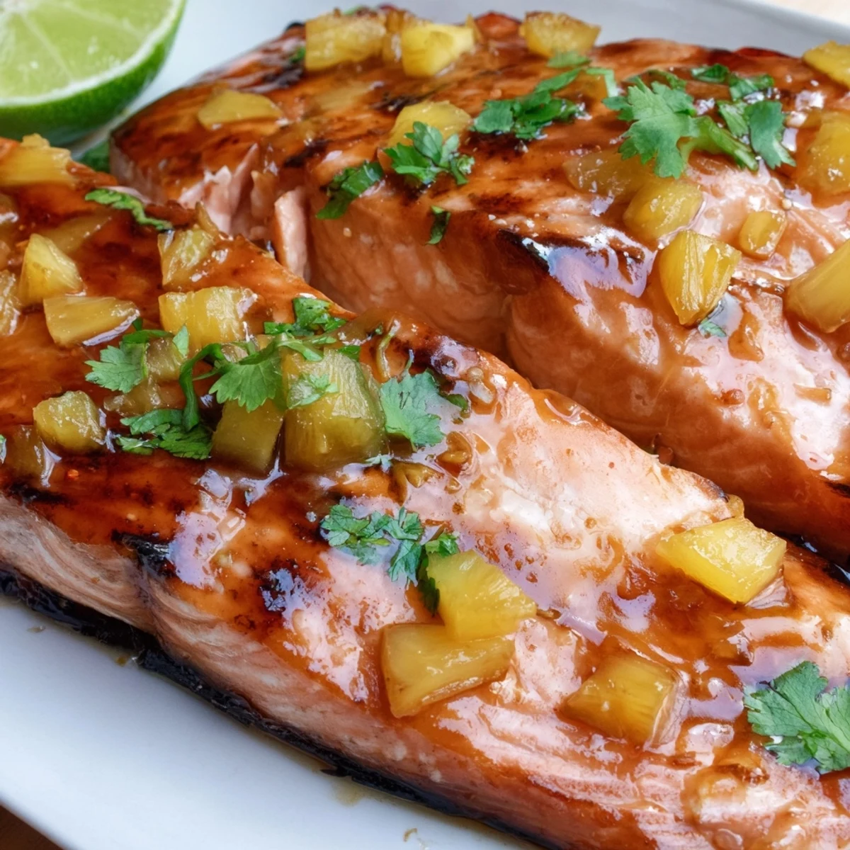 Glossy honey pineapple glazed salmon topped with fresh diced pineapple and cilantro