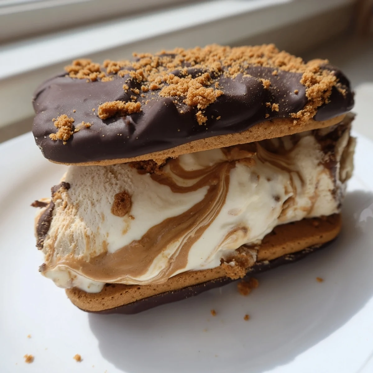 Creamy Biscoff Ice Cream Sandwiches with swirled caramel filling between spiced cookies