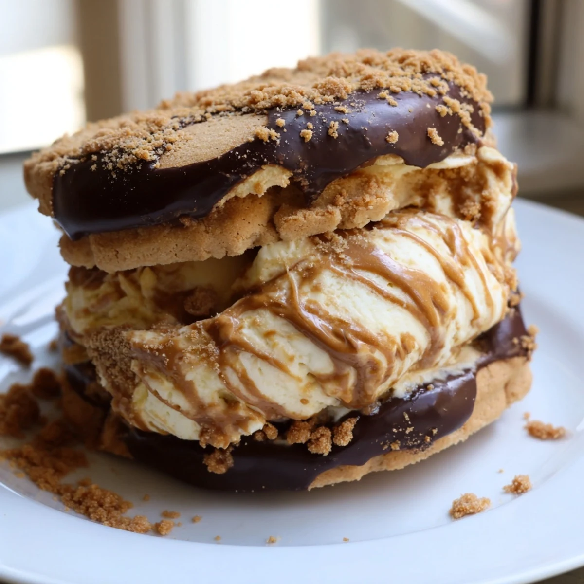 Biscoff Ice Cream Sandwiches dipped in melted chocolate with crushed cookie garnish