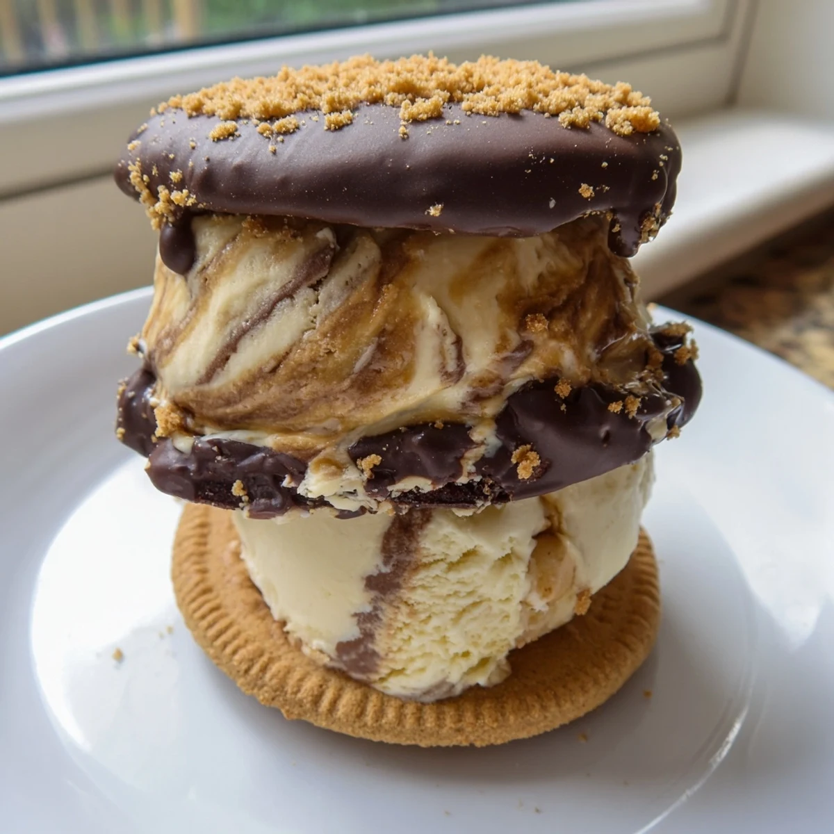 Golden Biscoff Ice Cream Sandwiches with marbled vanilla filling frozen until perfectly firm