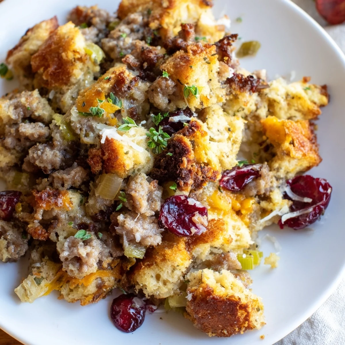 Steaming scoop of cranberry sausage stuffing breakfast casserole on a festive holiday plate