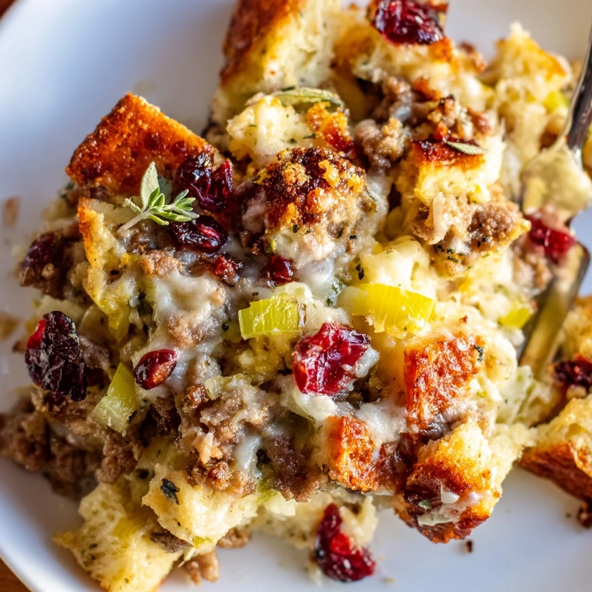 Golden baked cranberry sausage stuffing breakfast casserole with melted cheddar and fresh herbs