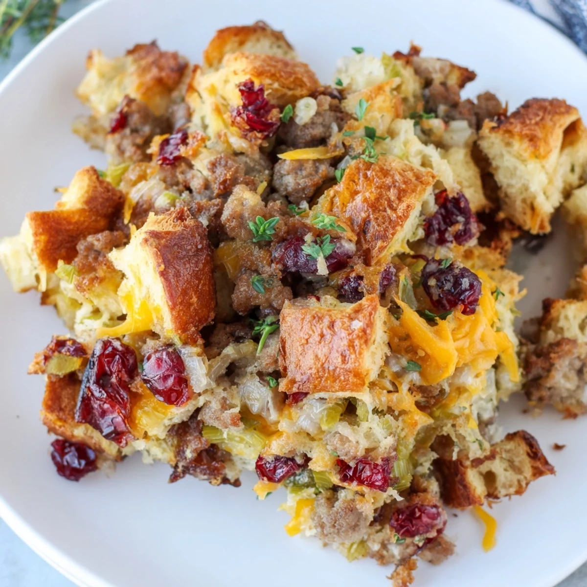 Bubbling cranberry sausage stuffing breakfast casserole fresh from the oven with crispy bread topping