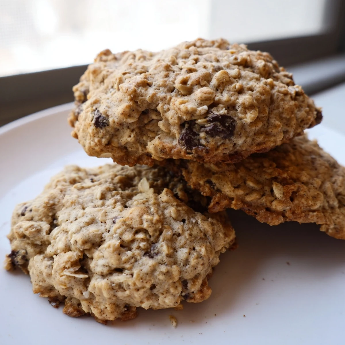 Golden banana oatmeal cookies with crackled tops cooling on a wire baking rack