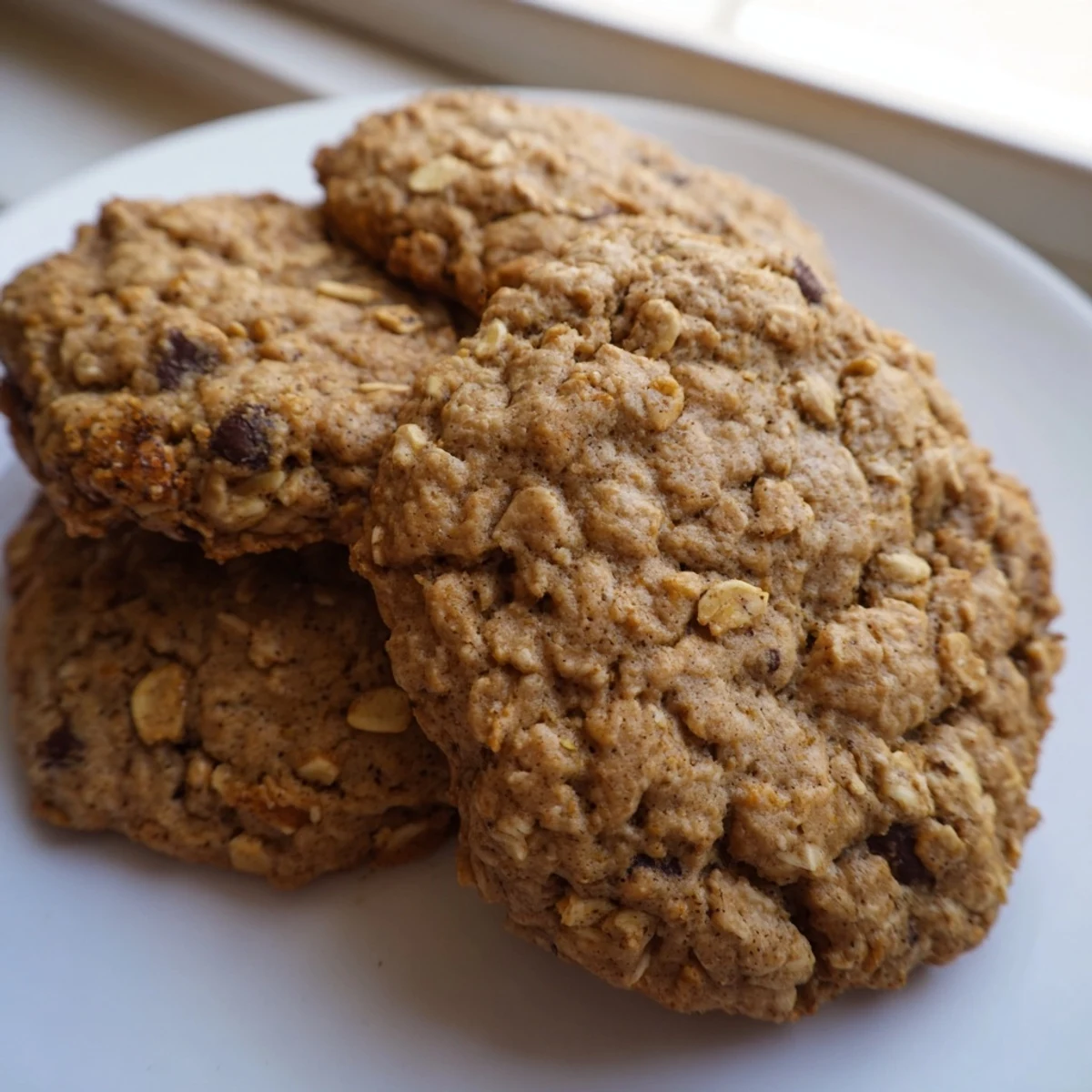 Soft banana oatmeal cookies arranged on a white plate with scattered rolled oats