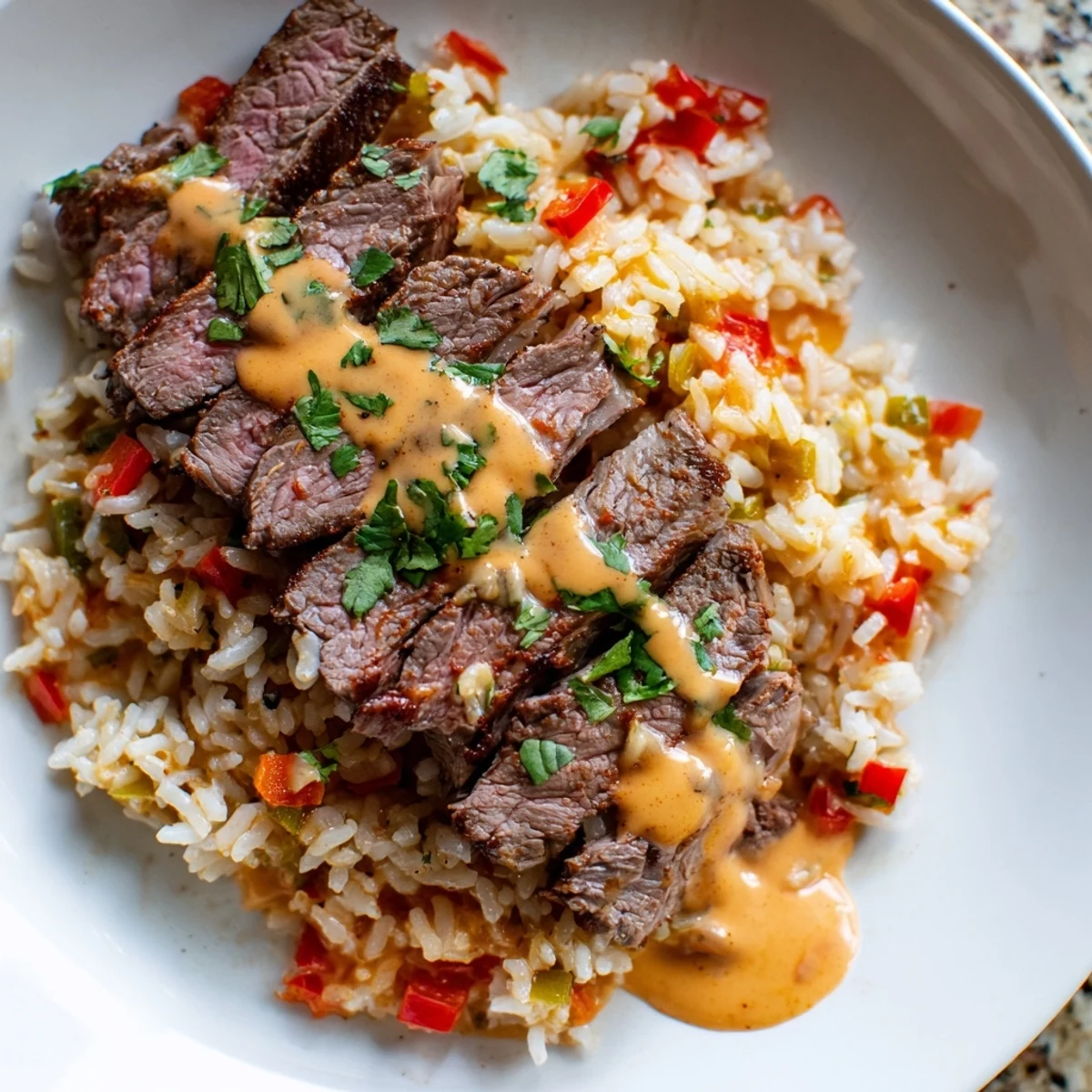 Creamy steak queso rice topped with melted cheese and seasoned vegetables