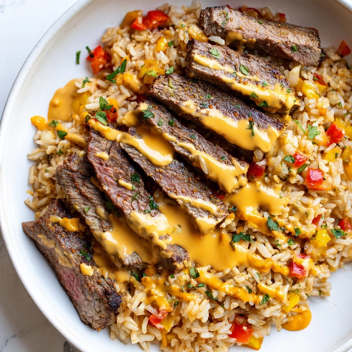 Hearty steak queso rice in a skillet garnished with fresh cilantro and peppers