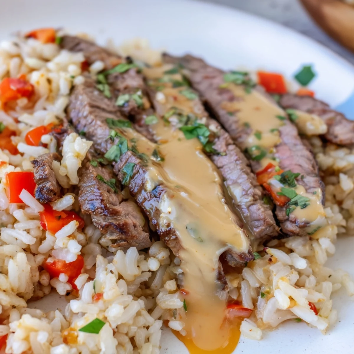 Sizzling sliced steak over fluffy queso rice drizzled with warm cheese sauce