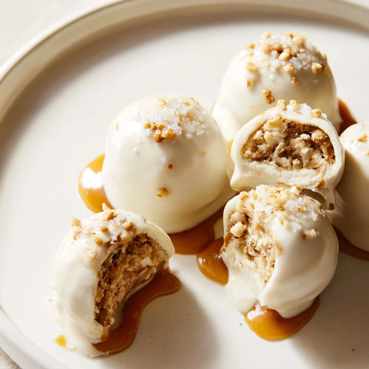 Golden salted caramel pretzel cheesecake balls drizzled with rich white chocolate on a rustic tray