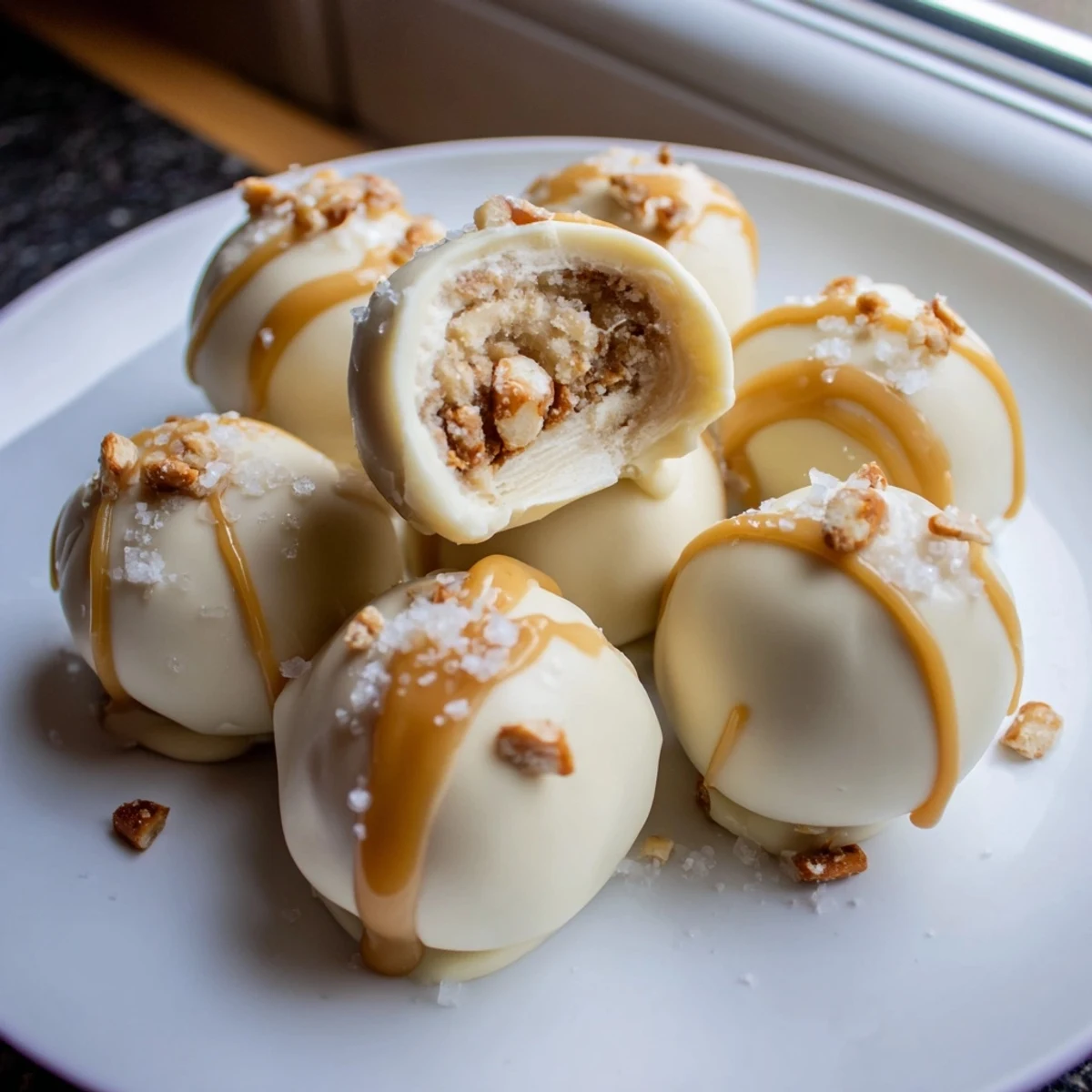 Bite-sized salted caramel pretzel cheesecake balls glistening with melted chocolate and flaky sea salt garnish