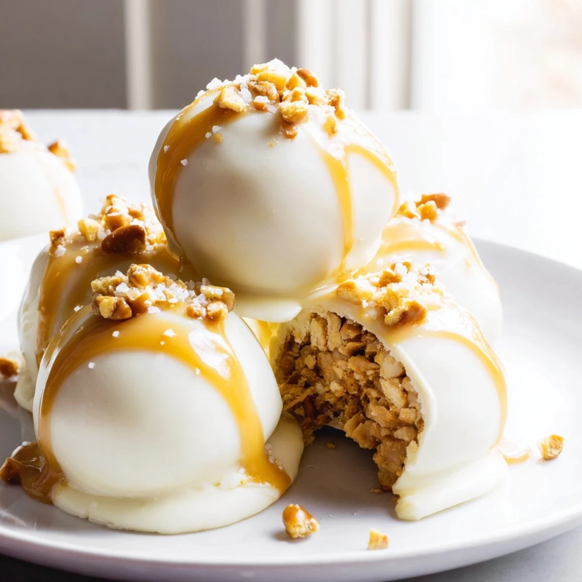 Creamy salted caramel pretzel cheesecake balls coated in crunchy crushed pretzels with caramel drizzle