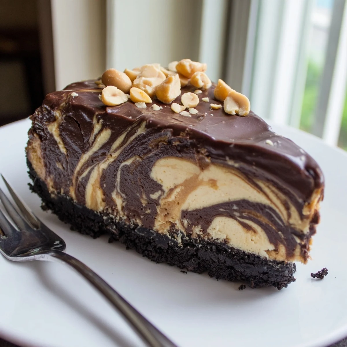 Creamy chocolate peanut butter cheesecake slice topped with glossy ganache and chopped peanuts
