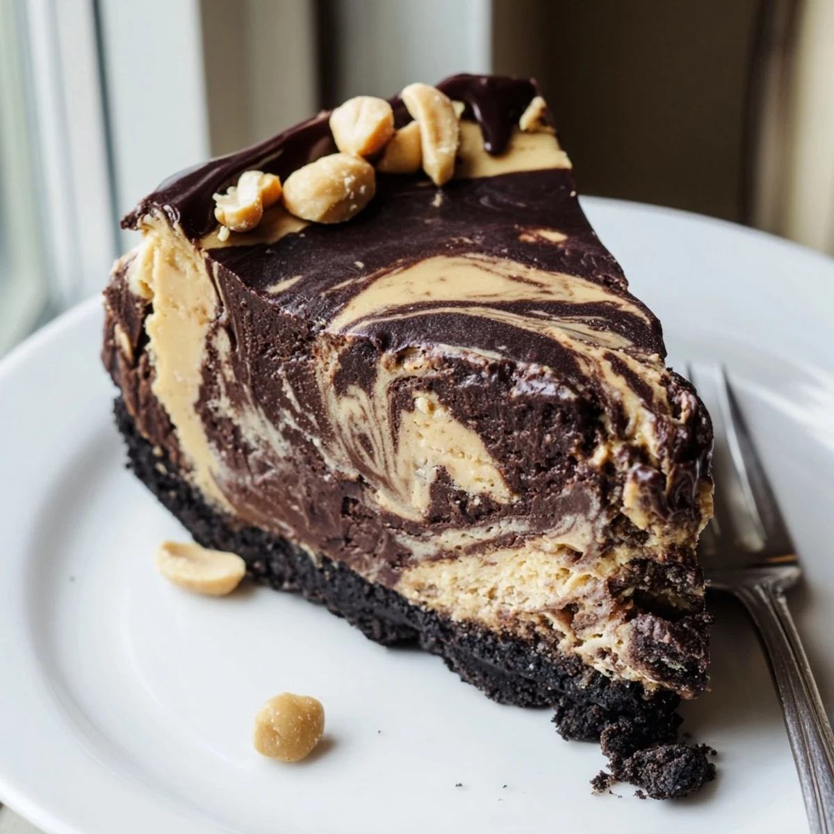Decadent chocolate peanut butter cheesecake with marbled filling on a crunchy cookie crust