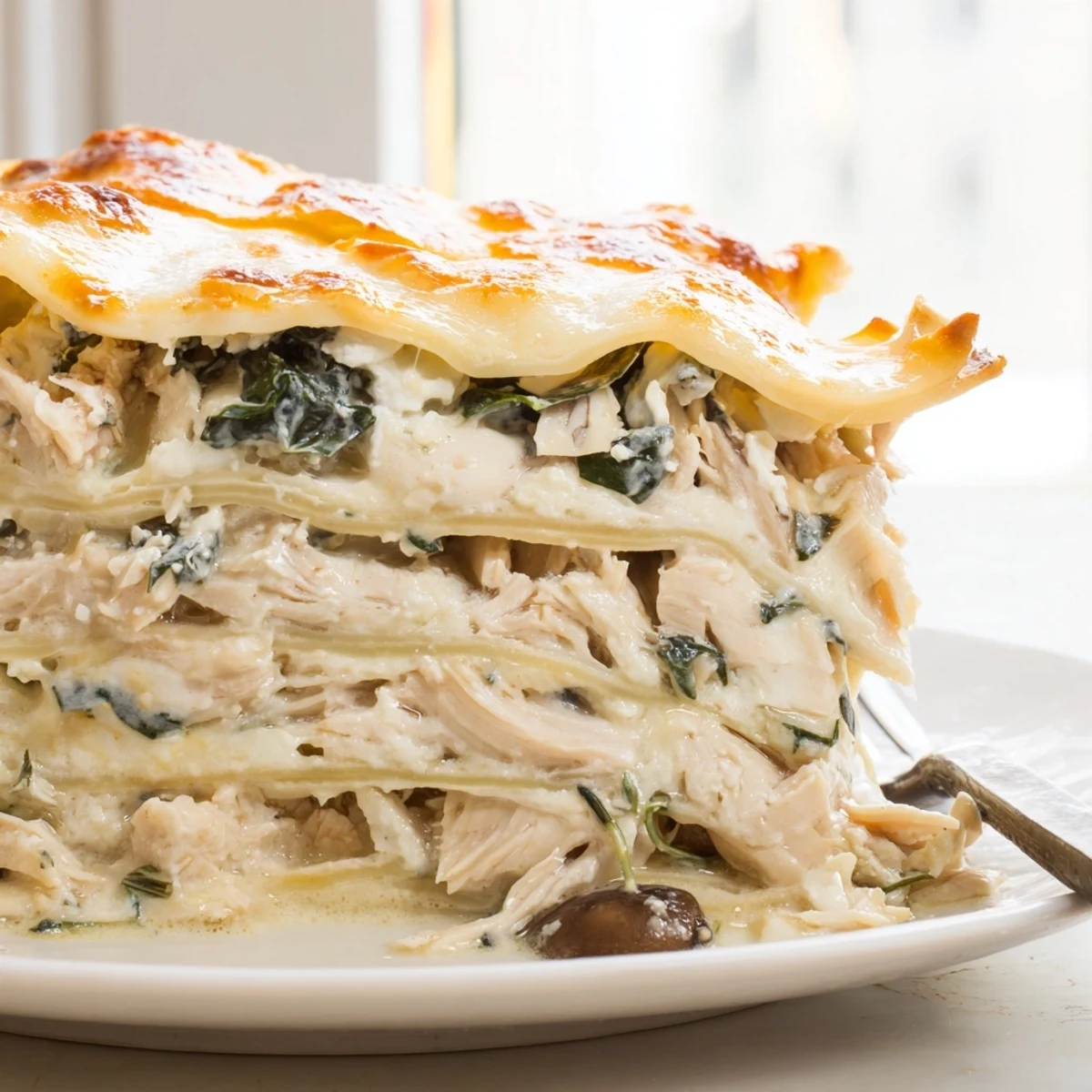 Creamy white chicken lasagna with golden bubbling cheese and tender spinach layers