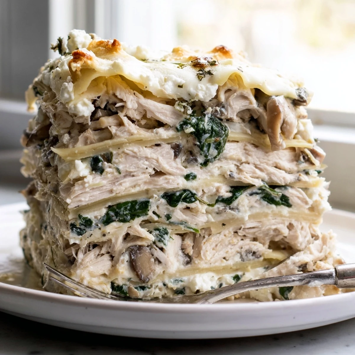 Sliced white chicken lasagna served on a plate with melted mozzarella