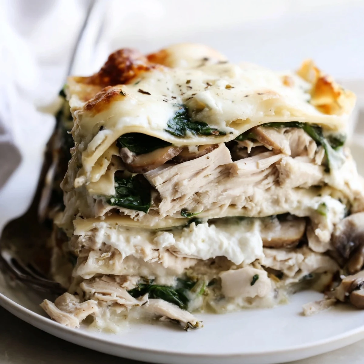White chicken lasagna fresh from the oven with crispy Parmesan cheese topping