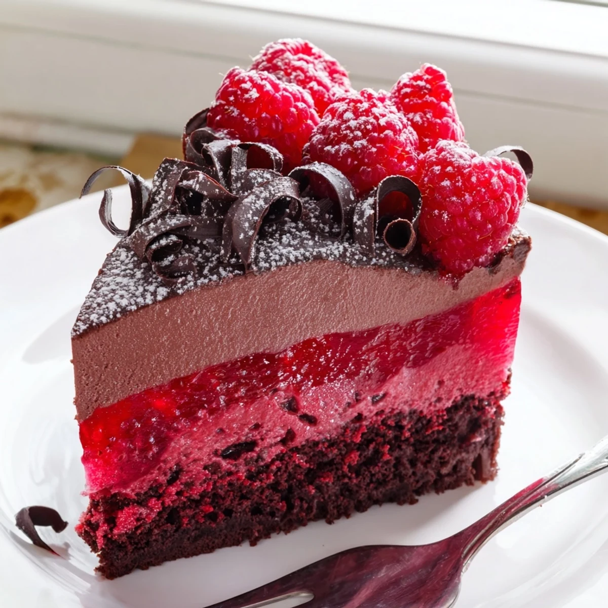 A silky slice of raspberry chocolate mousse cake topped with fresh berries and chocolate curls