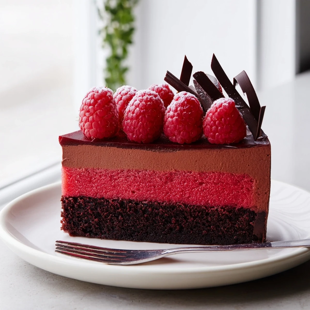 Heavenly raspberry chocolate mousse cake with glossy layers displayed on a white dessert plate