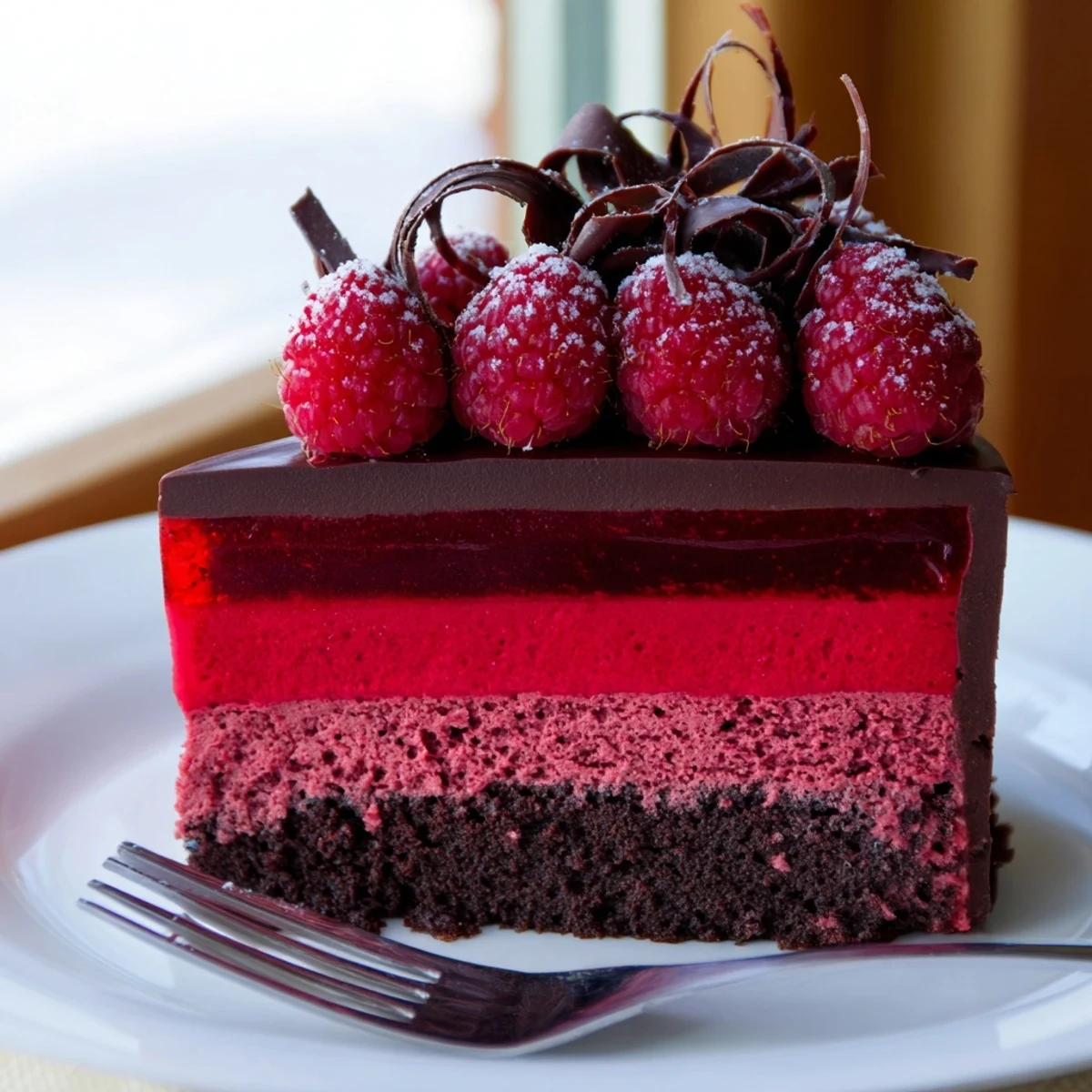 Rich chocolate mousse cake crowned with jewel toned raspberries and a dusting of powdered sugar