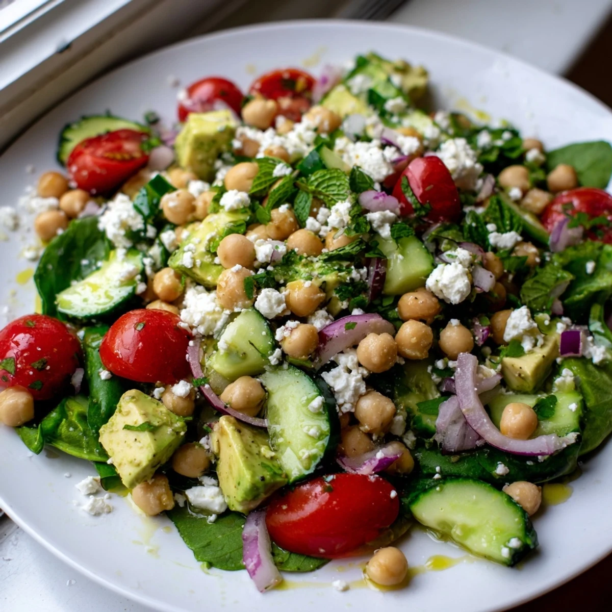 A colorful chickpea feta avocado salad in a rustic wooden bowl drizzled with bright lemon herb dressing.