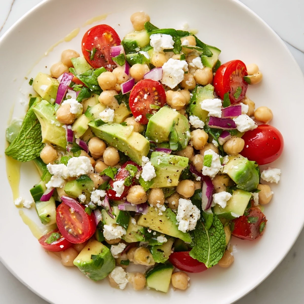 A close-up of chickpea feta avocado salad spooned onto a plate with cherry tomatoes and cucumber.