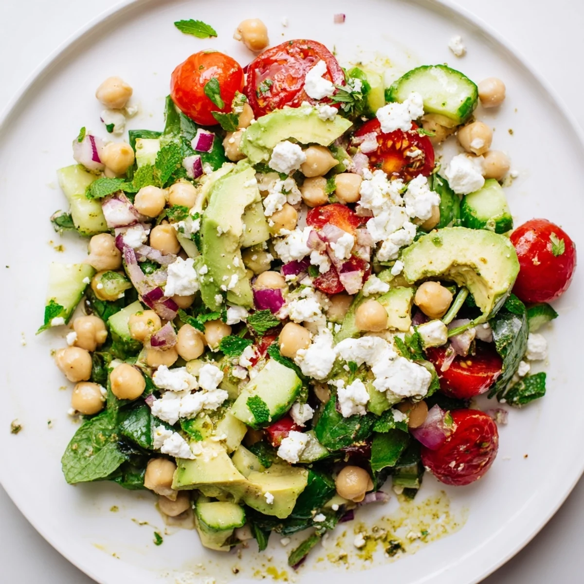 Creamy avocado chunks and tangy crumbled feta top this vibrant chickpea feta avocado salad on fresh greens.