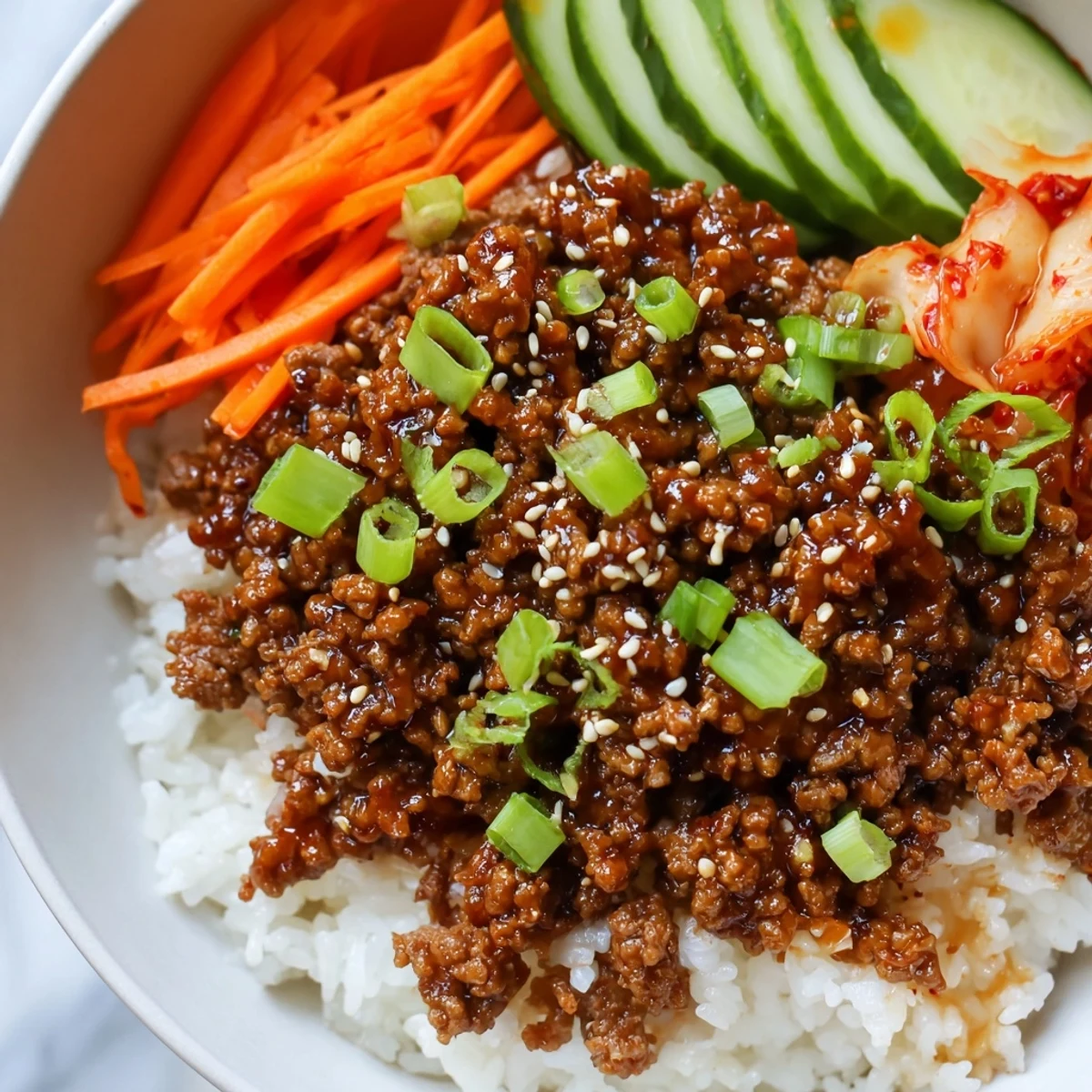 A Korean ground beef bowl with sesame seeds, green onions, and steamed jasmine rice.