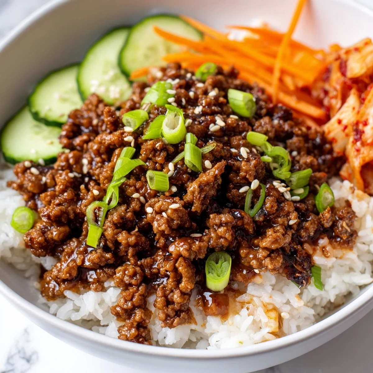 Savory Korean ground beef bowl topped with julienned carrots, cucumber slices, and kimchi.