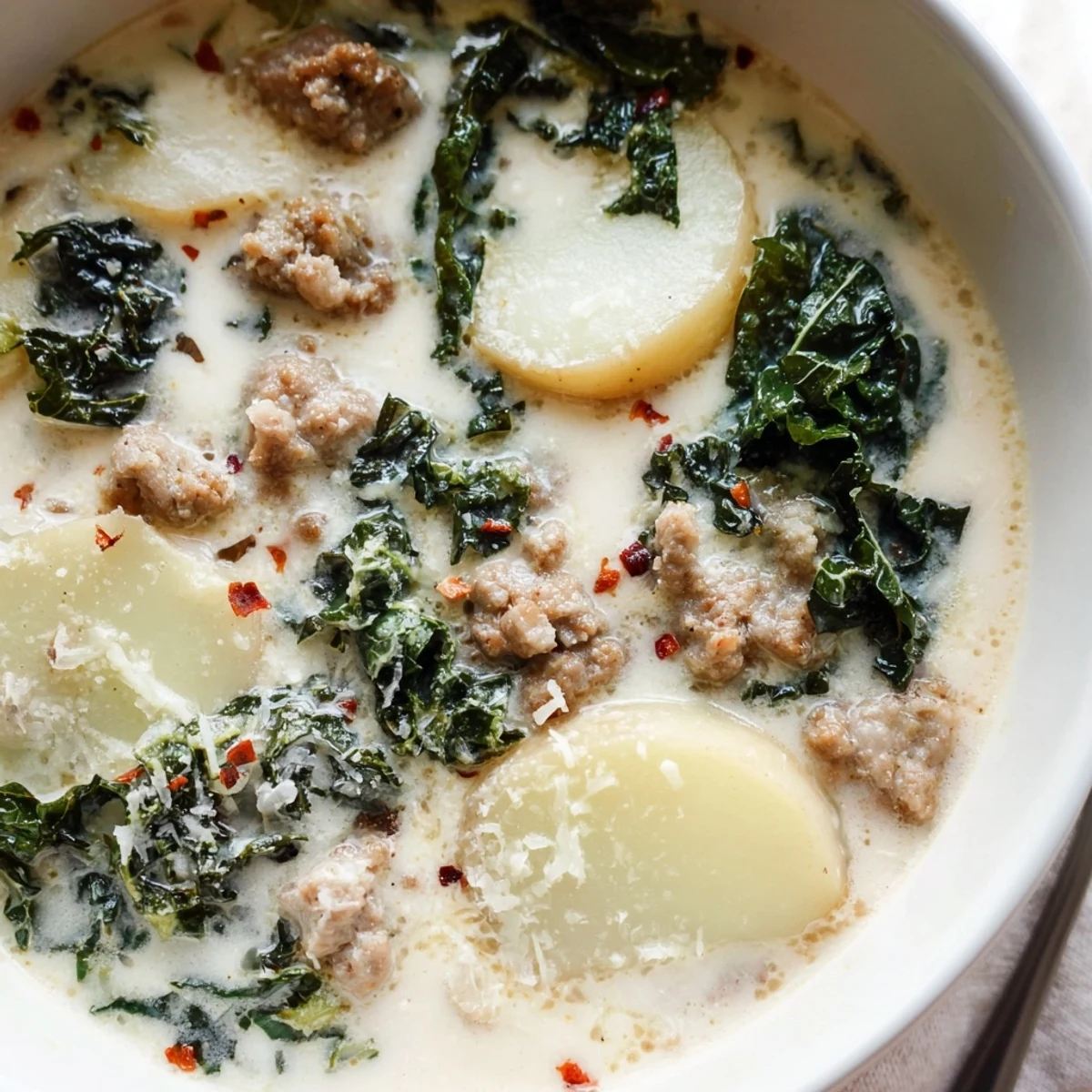 Creamy Zuppa Toscana soup loaded with crumbled sausage, tender potatoes, and wilted fresh kale