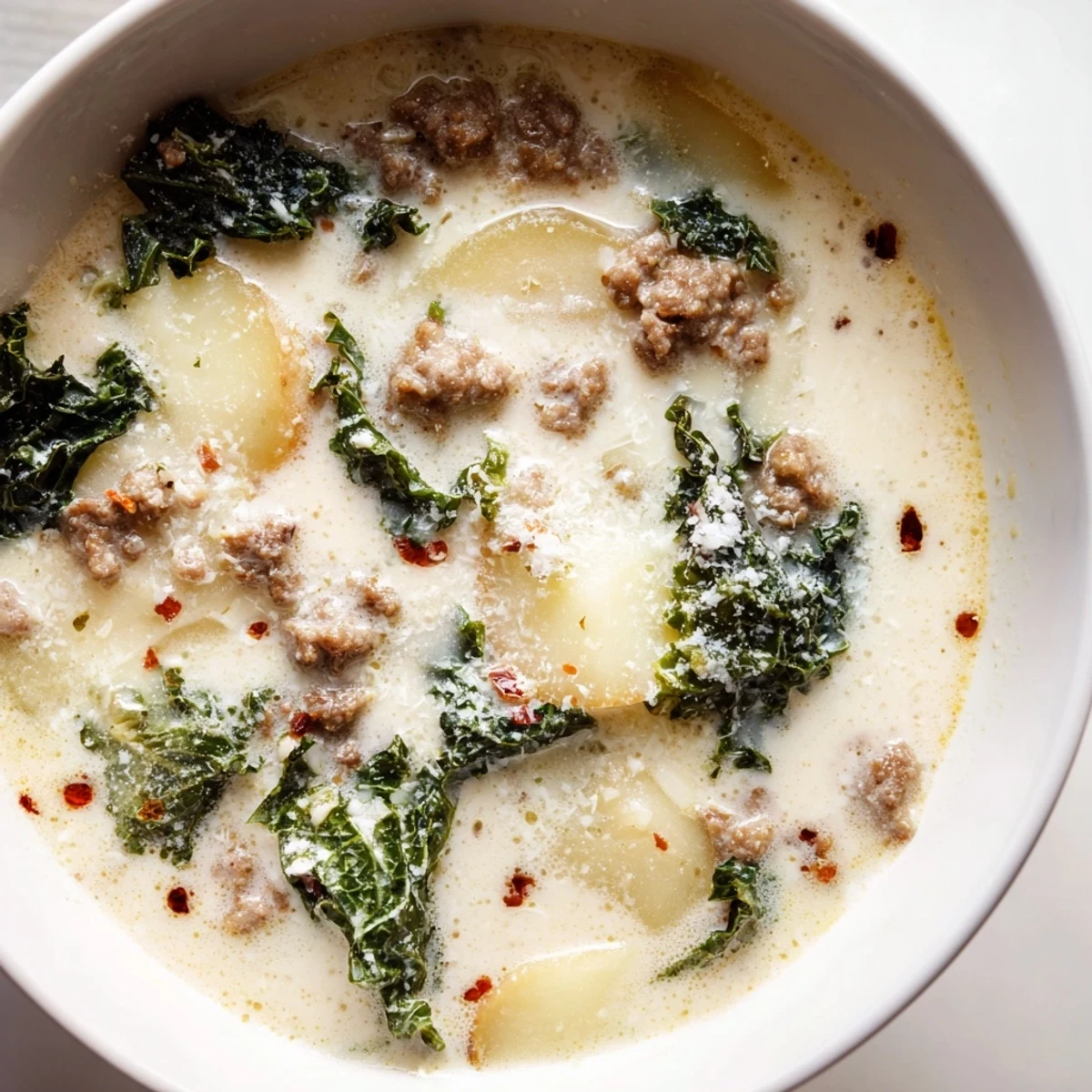 Steaming bowl of Zuppa Toscana soup garnished with Parmesan cheese and crusty bread
