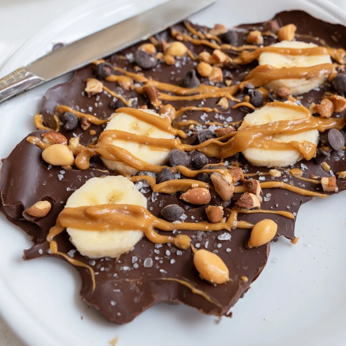 Rich chocolate banana bark topped with crushed nuts and flaky sea salt