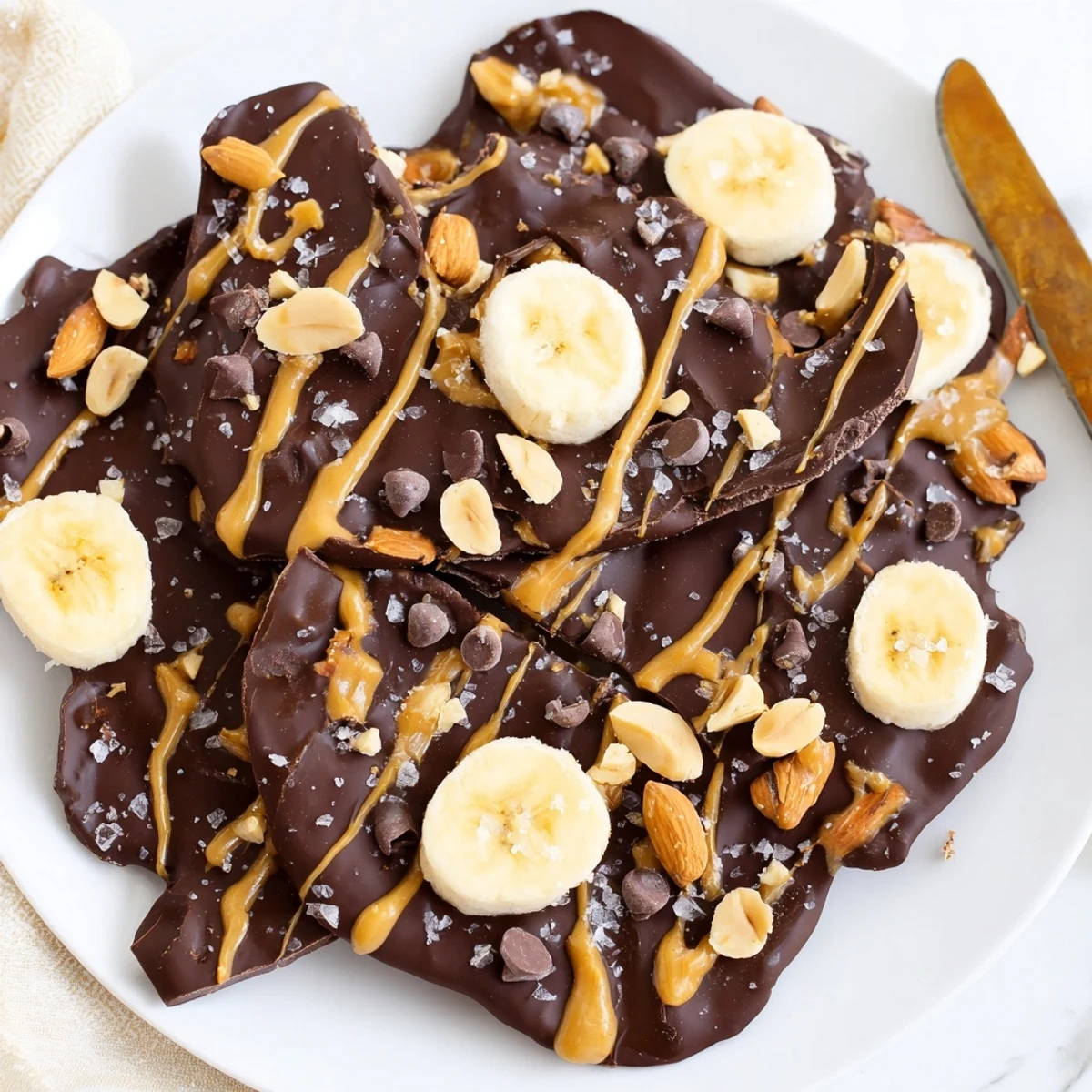 Glossy dark chocolate coats ripe banana slices finished with peanut butter drizzle