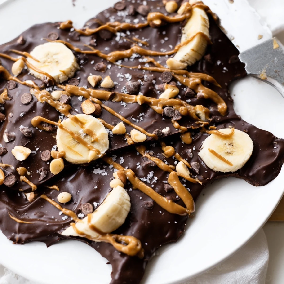 Frozen chocolate banana bark studded with crunchy toppings broken into rustic shards