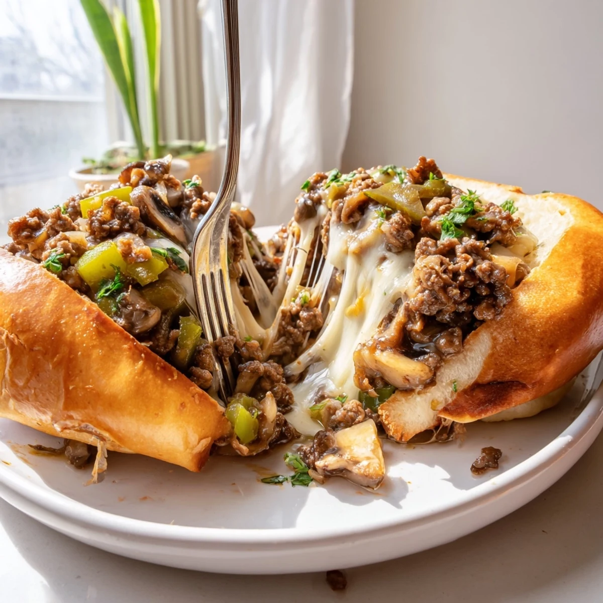 Cheesy Philly Sloppy Joes with melted provolone dripping over golden toasted brioche buns
