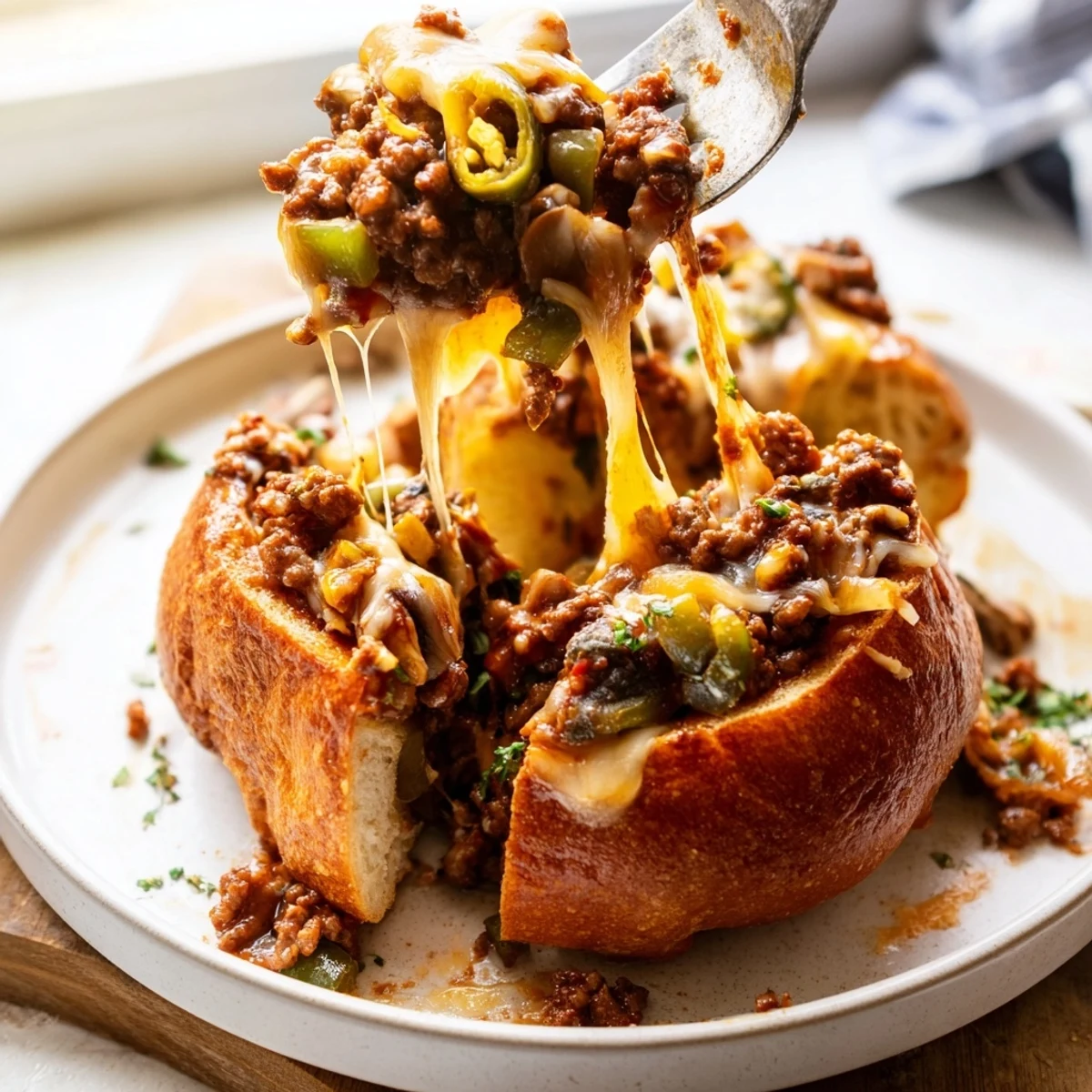 Juicy ground beef and sautéed peppers smothered in cheese inside Cheesy Philly Sloppy Joes