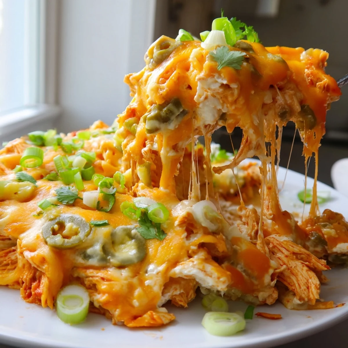 Golden bubbling Jalapeno Buffalo Chicken Casserole fresh from the oven with melted cheddar on top