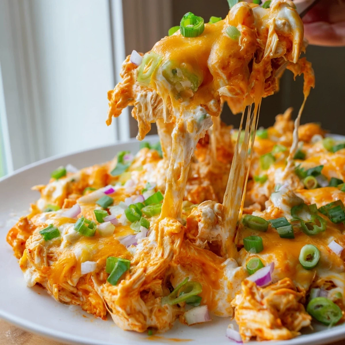 Creamy Jalapeno Buffalo Chicken Casserole garnished with green onions in a rustic baking dish