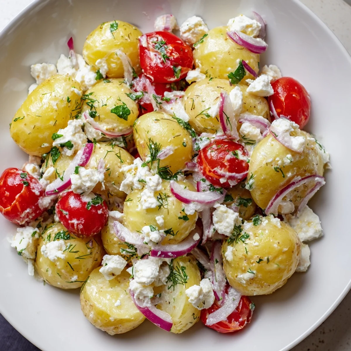 Golden tender potatoes crumbled feta and fresh herbs in a bright Mediterranean salad