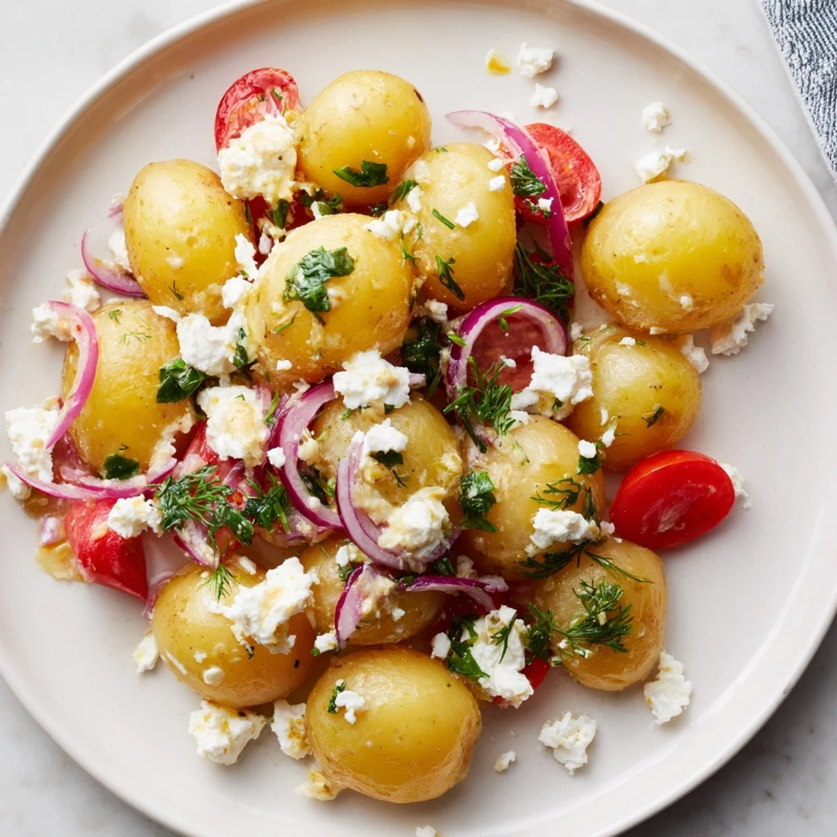 Creamy potato and feta salad glistening with lemon herb dressing in a rustic bowl