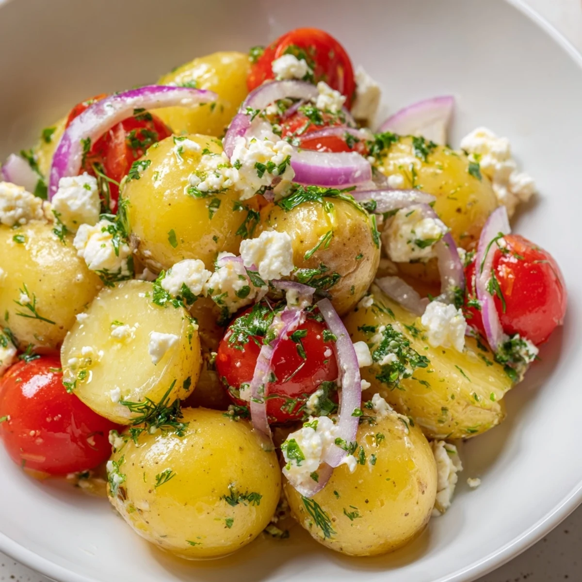 Warm potato and feta salad topped with cherry tomatoes parsley and dill