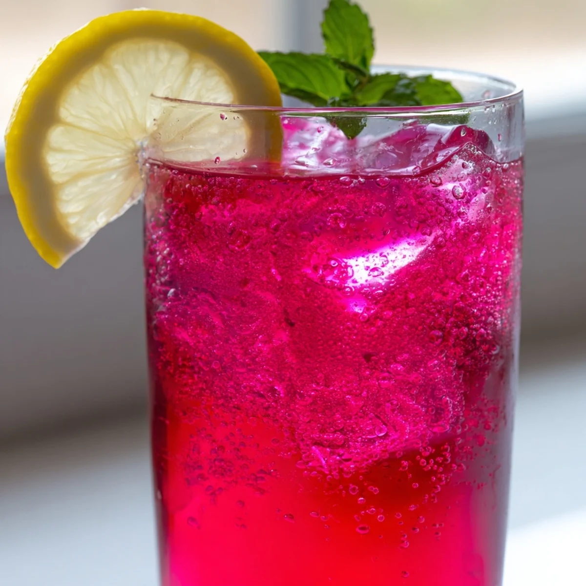 Sparkling Honey Lemon Pink Soda poured over ice with fresh mint garnish